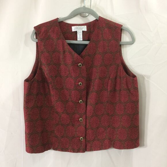 1990s Lord & Taylor Vintage Red Brocade Vest Size Large Metallic Tapestry Lined - Picture 1 of 4